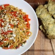 Chicken satay skewers with crunchy noodle salad