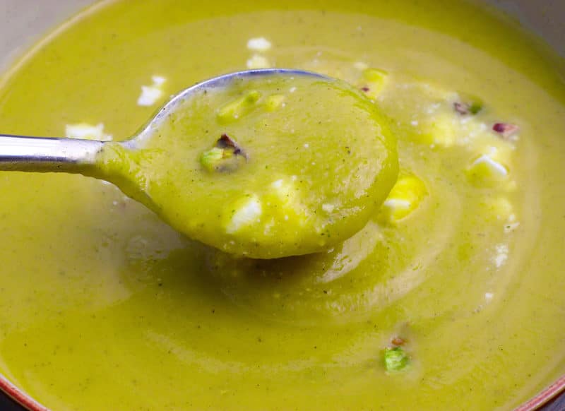 serve the soup with feta and pistachios