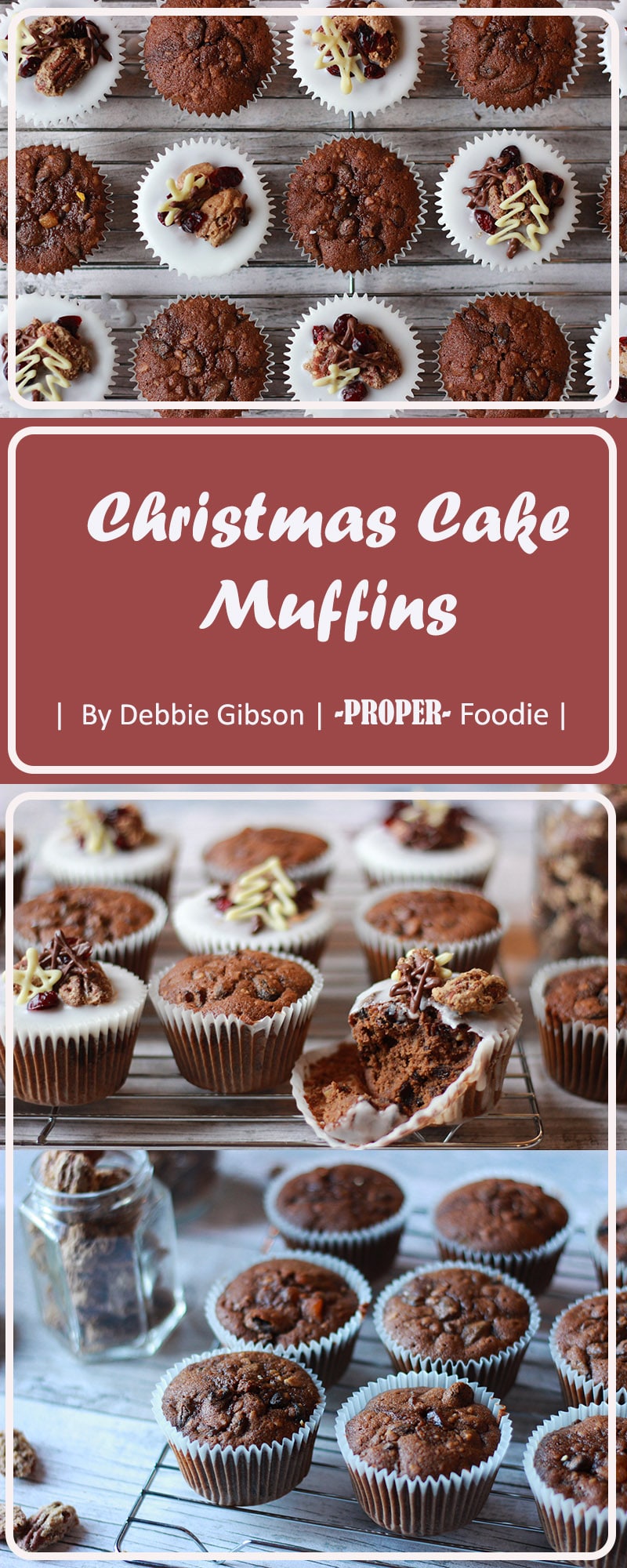 Christmas cake muffins topped with icing and homemade sugared pecans and chocolate stars | ProperFoodie