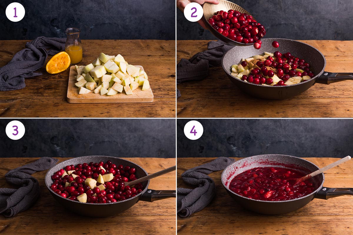 Four step by step images showing how to make cranberry sauce for steps 1-4.