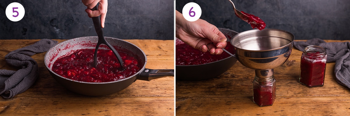 Two step by step images showing how to make cranberry sauce for steps 5-6.