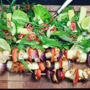 chicken skewers with rocket, lime and baby corn salad