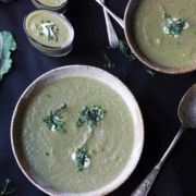 purple broccoli and pear soup