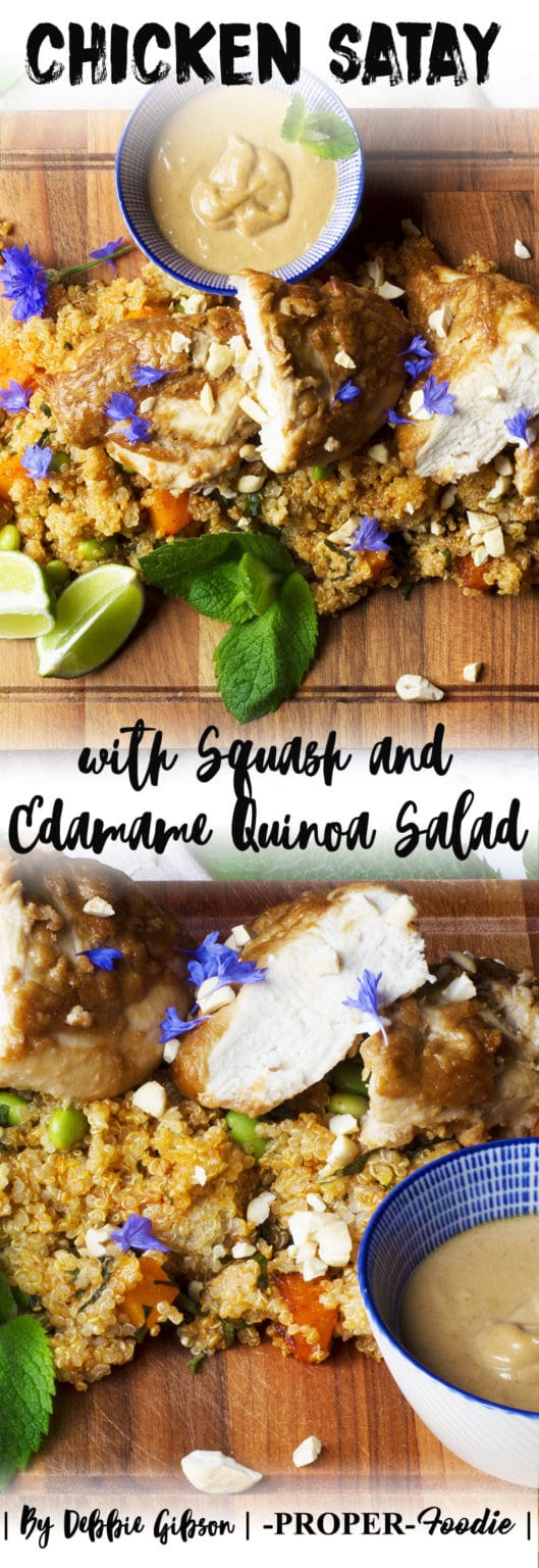 Juicy chicken satay served with squash and edamame quinoa salad