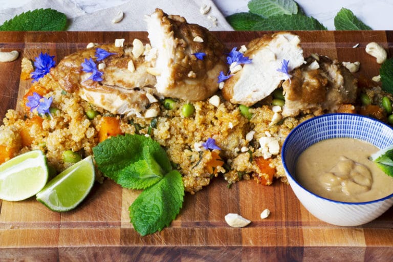Juicy chicken satay served with squash and edamame quinoa salad