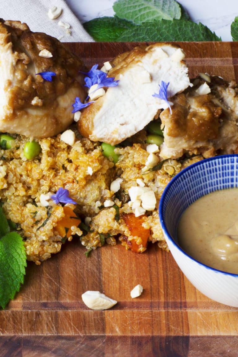 Juicy chicken satay served with squash and edamame quinoa salad