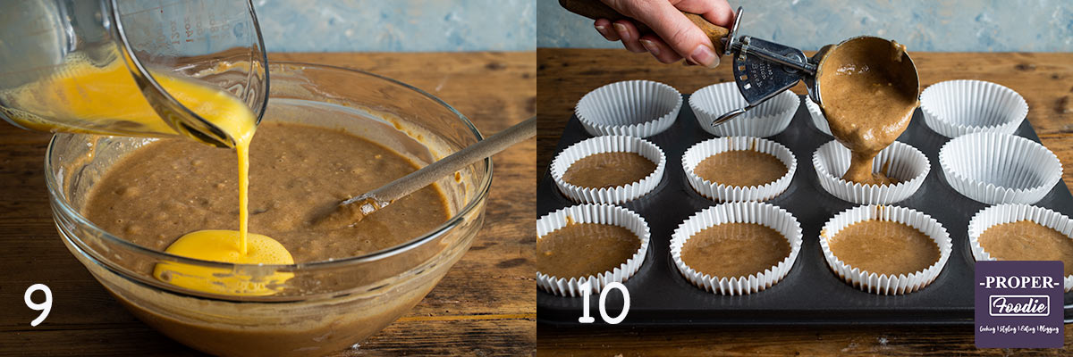 2 images showing steps 9 and 10 for making pumpkin muffins: 9. add whisked egg to cake mix, 10. scoop mix into muffins liners