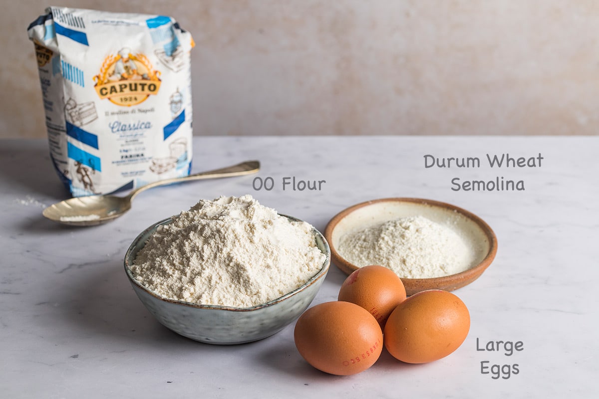 Ingredients for making fresh pasta: 00 flour, Durum wheat semolina, Large eggs.