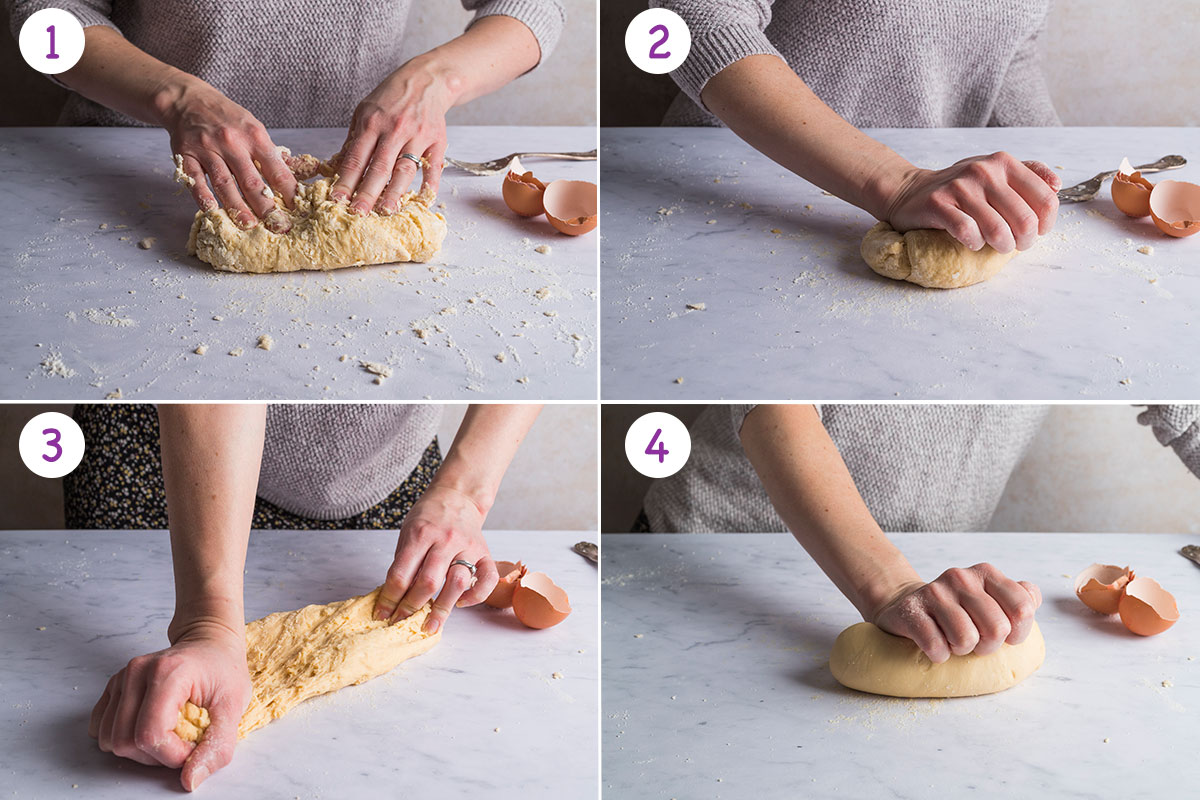 4 images showing how to knead pasta dough step by step.