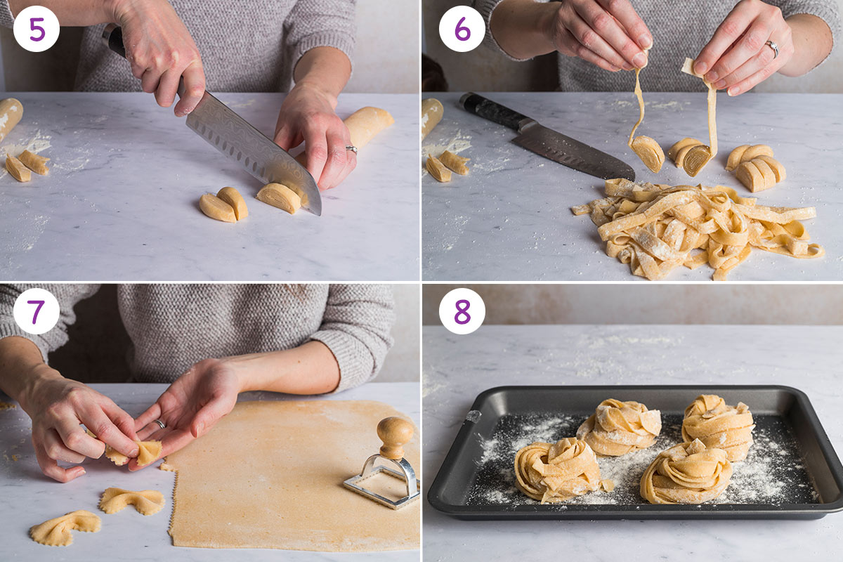 4 images showing how to make pasta step by step for steps 5-8.