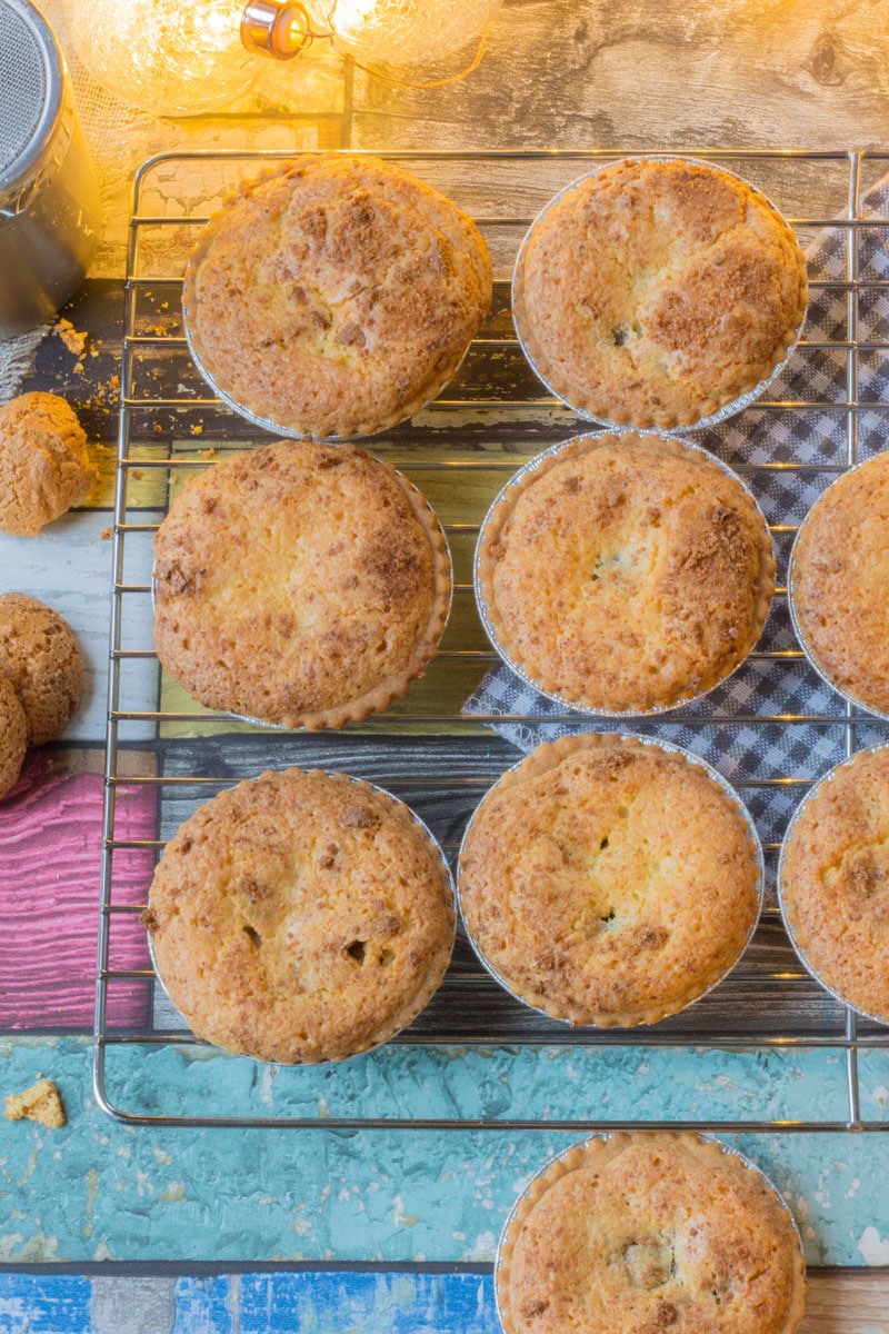 Cranberry and frangipane mince pies topped with crunchy amaretti biscuit.