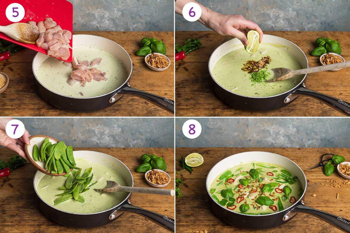 Collage of 4 images showing step by step how to make this this recipe for steps 5-8.