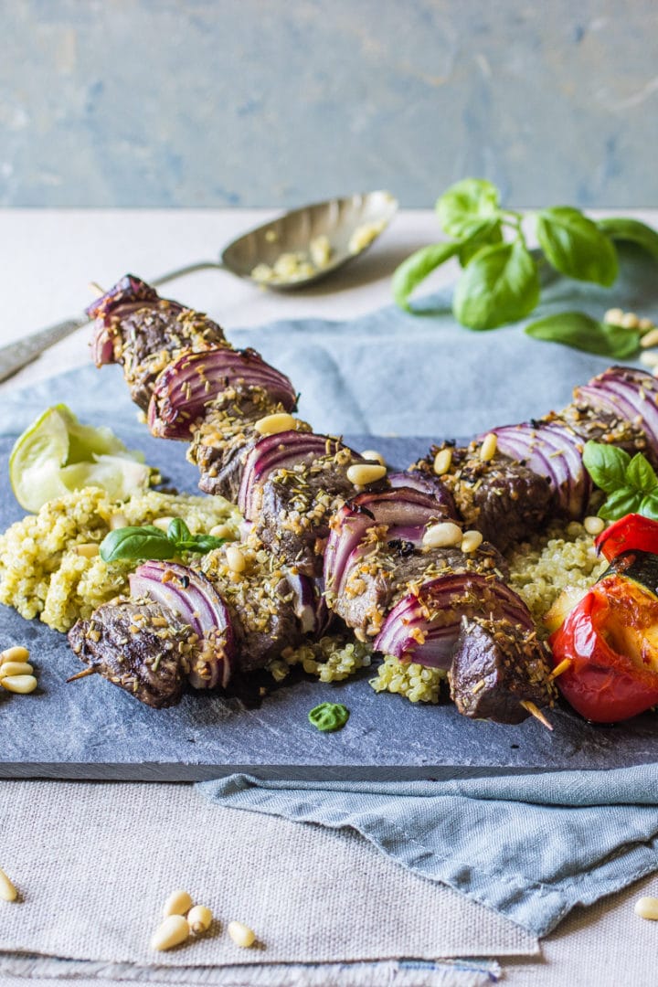 Steak and Onion BBQ skewers and Veg with Halloumi BBQ skewers