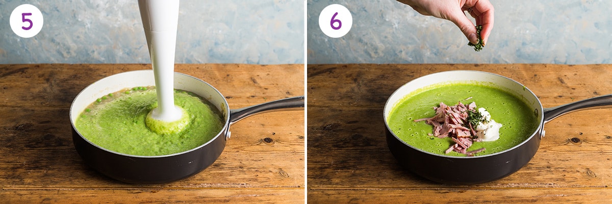 Two images showing how to make pea and ham soup for steps 5-6.