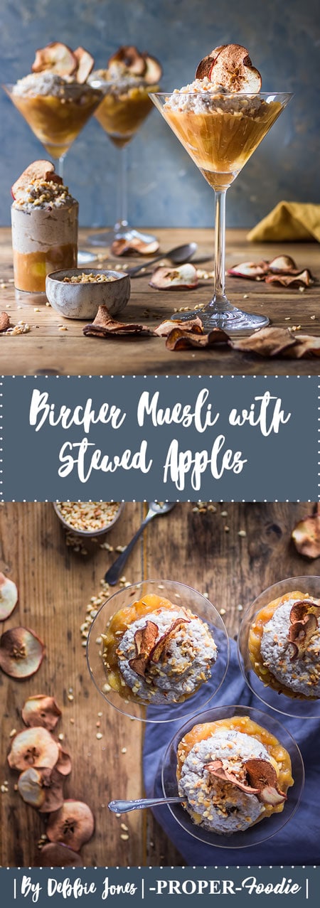 Bircher muesli with stewed apples & apple crisps