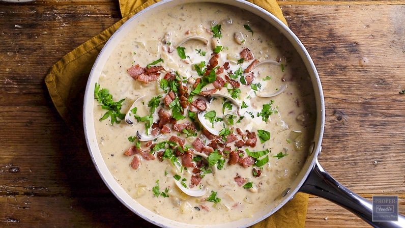 add in shells for decoration then top with bacon and fresh parsley