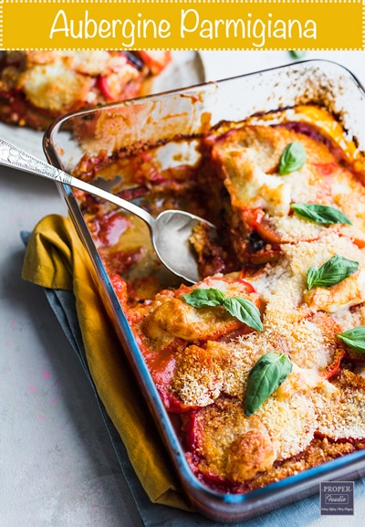 Italian aubergine parmigiana with crispy breadcrumbs and melted mozzarella