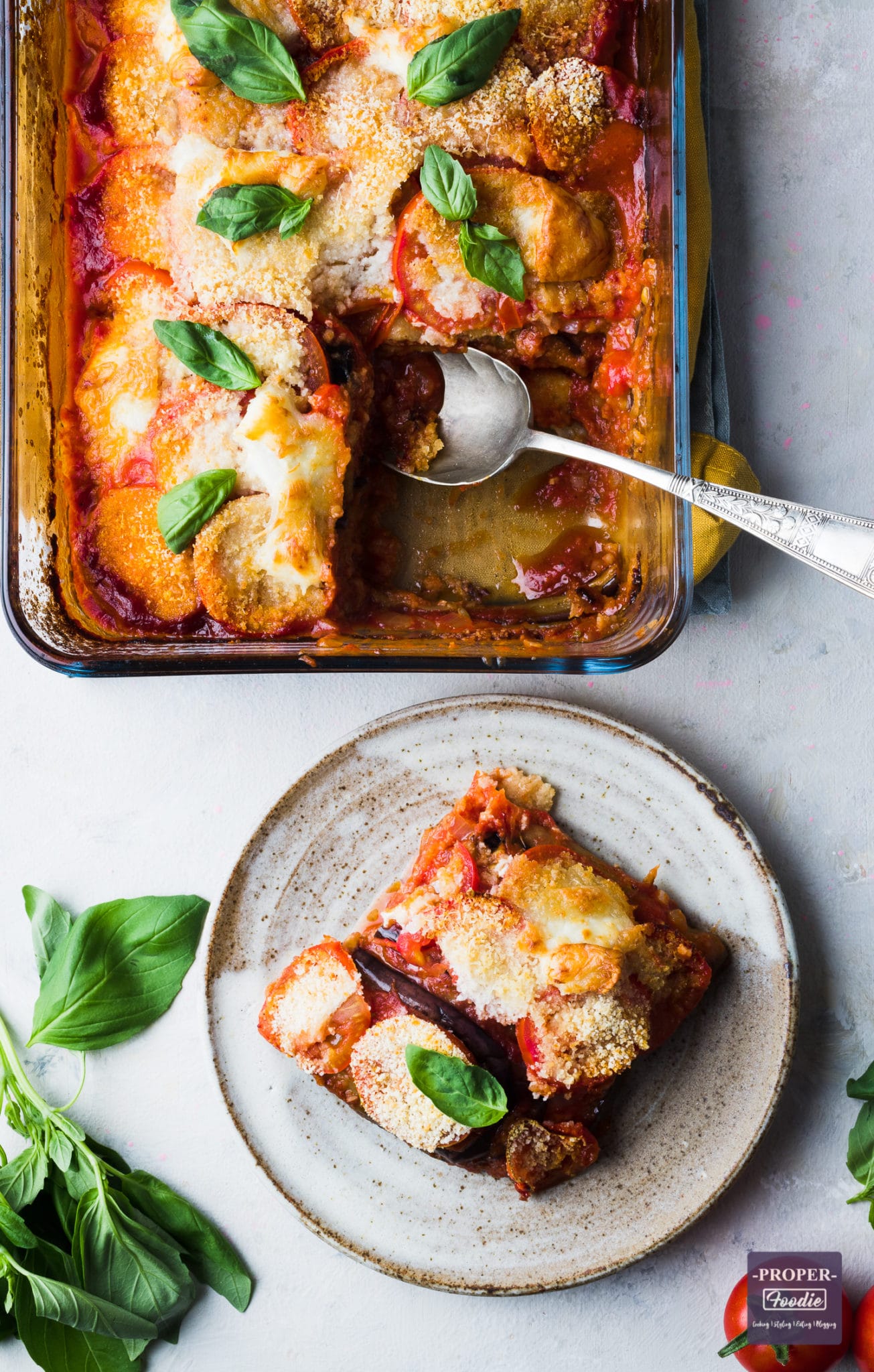 Aubergine Parmigiana with a crispy mozzarella topping - ProperFoodie