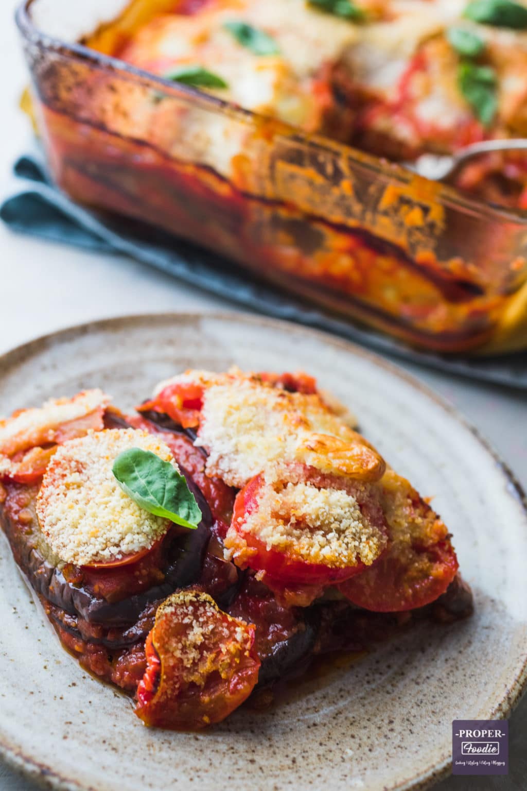 Aubergine Parmigiana with a crispy mozzarella topping - ProperFoodie
