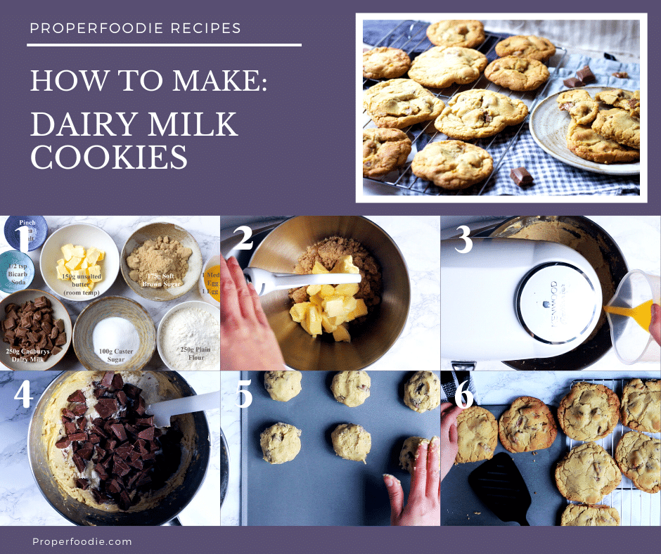 Soft bake chocolate chip cookies made with chunks of dairy milk chocolate