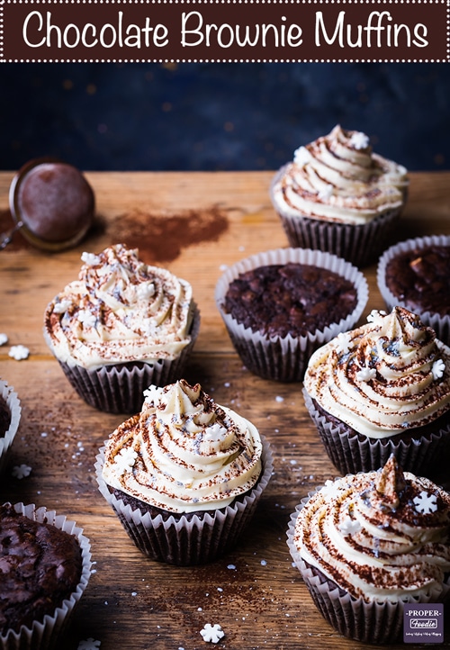 chocolate muffins made with a chocolate brownie recipe and topped with vanilla mascarpone cream