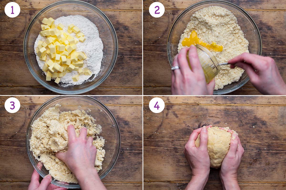 Four images showing how to make shortcrust pastry steps 1-4.