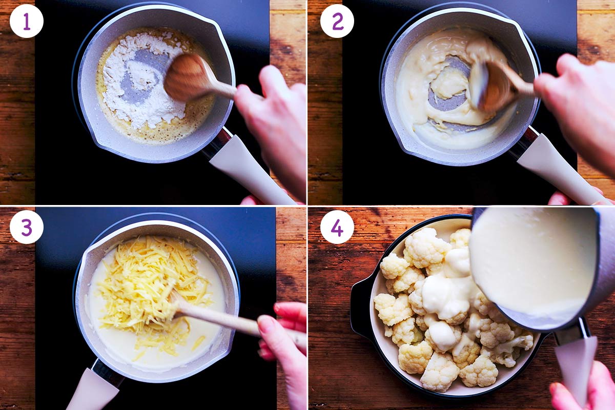 A collage of 4 images showing how to make this cauliflower recipe step by step for instructions 1-4.