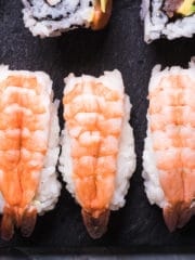 nigiri sushi with butterflied prawns