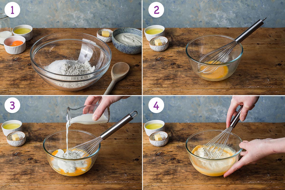 A collage of 4 images showing how to make the pancakes step by step for instructions 1-4.