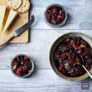 Fig and apple chutney with cheese and biscuits