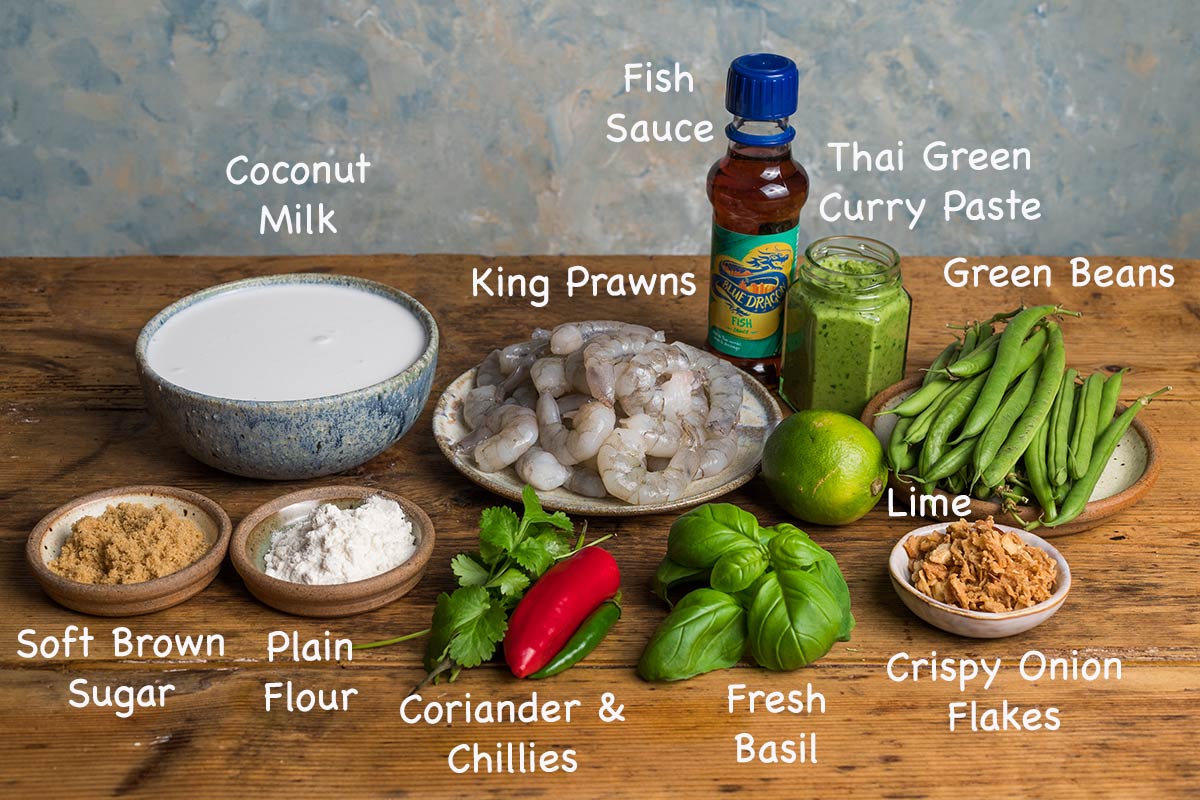 Ingredients for making Thai green prawn curry.