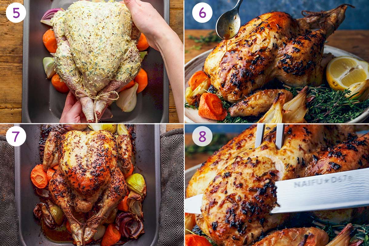 Four images showing how to cook a whole roast chicken steps 5-8..
