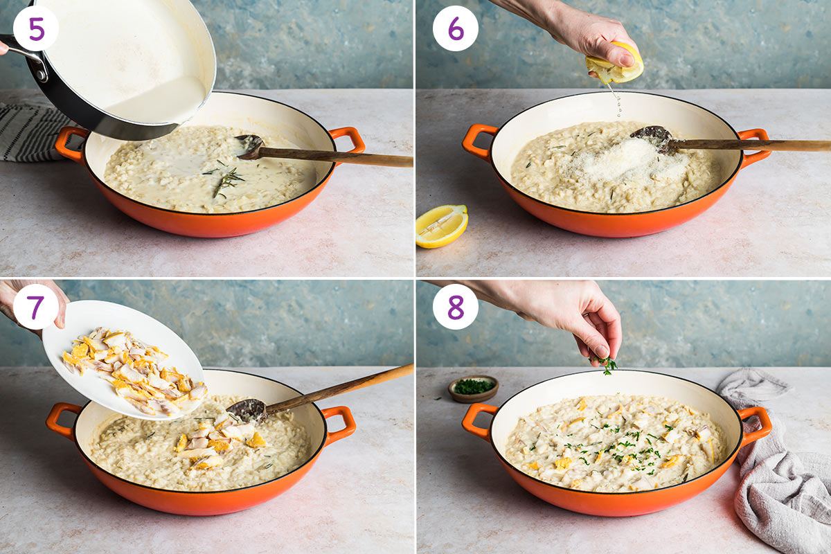 4 process images for making fish risotto for steps 5-8.
