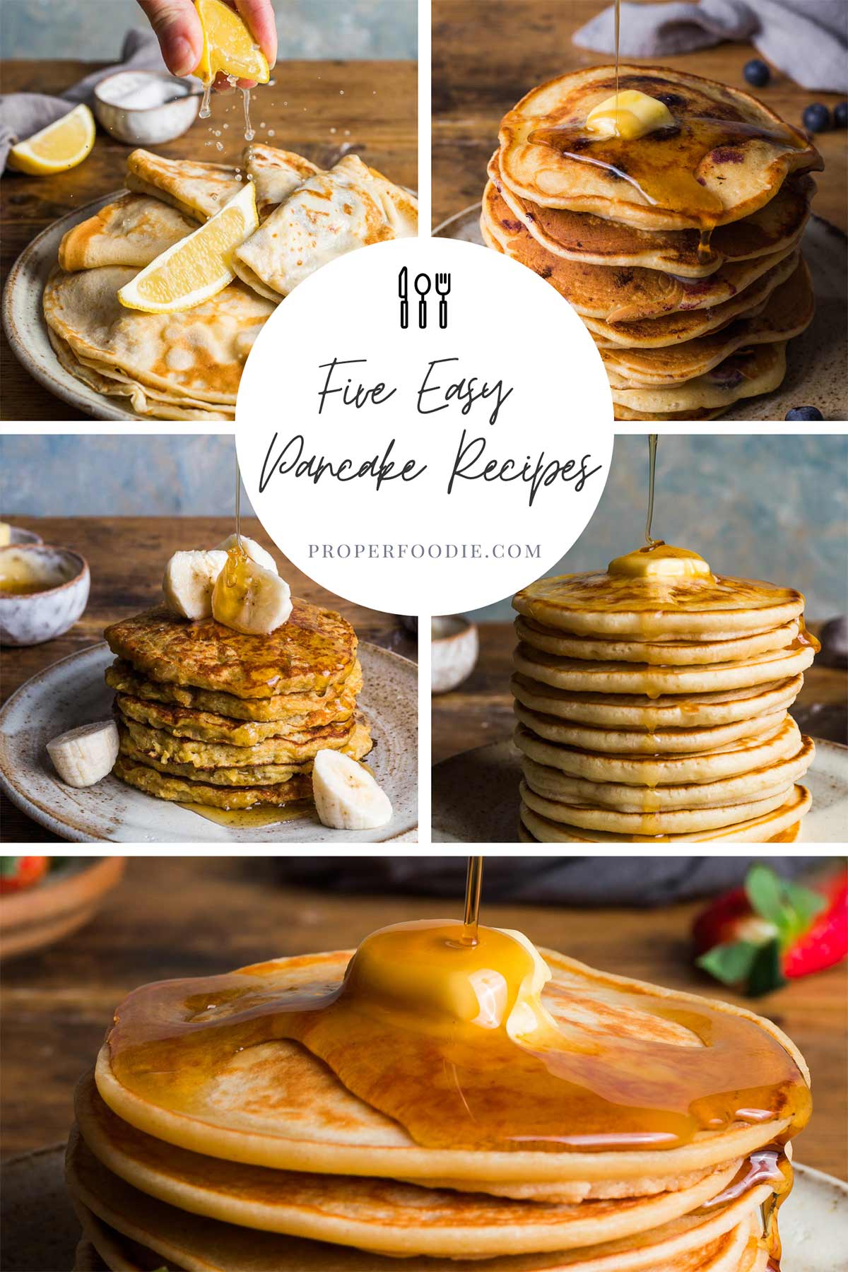 Collage of 5 images showing 5 different ways to make pancakes.