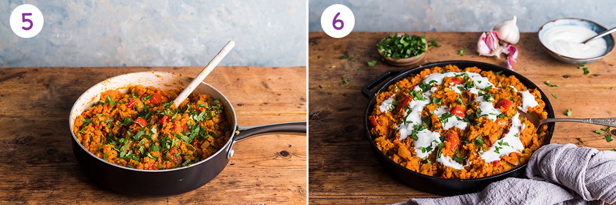 Two images showing how to make Red lentil dahl for steps 5-6.