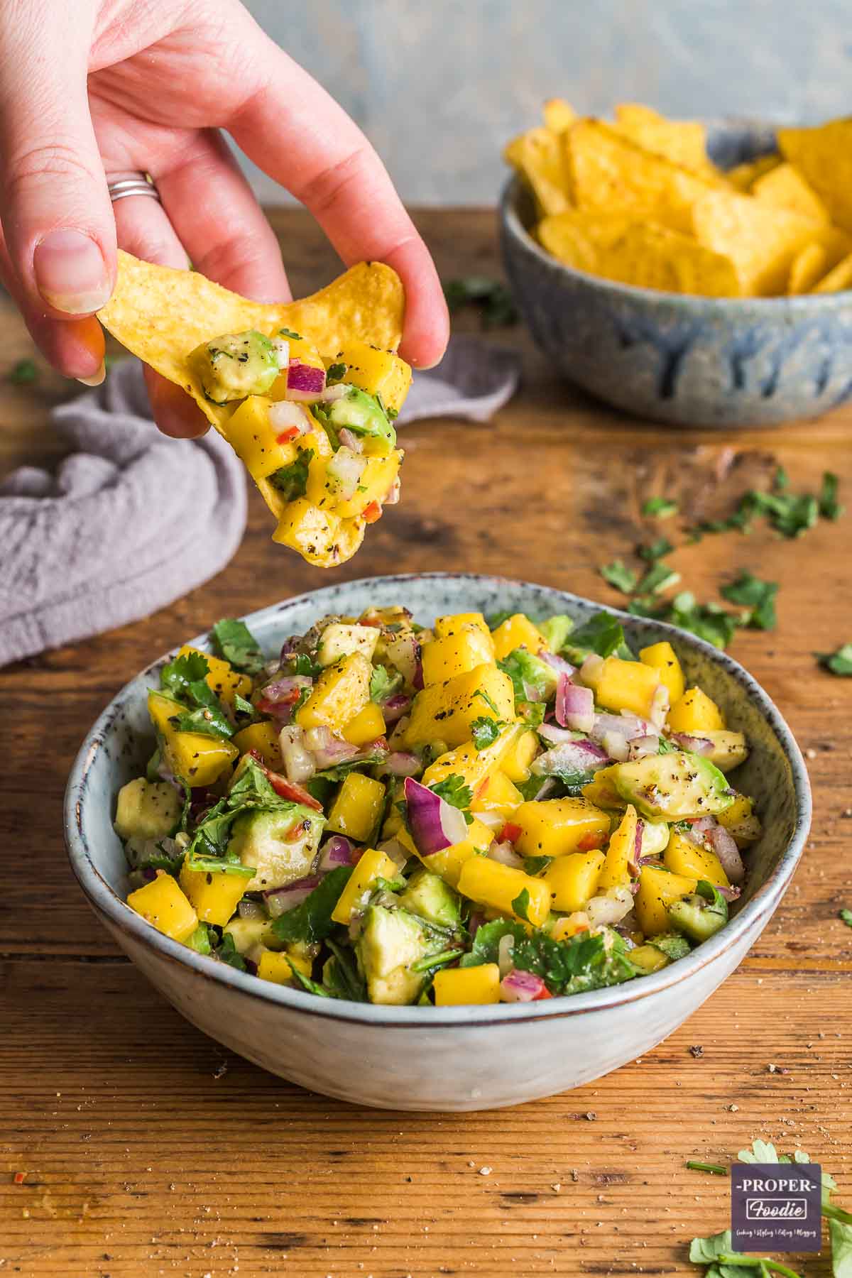 Bowl of mango salsa with some being scooped out on a tortilla crisp.