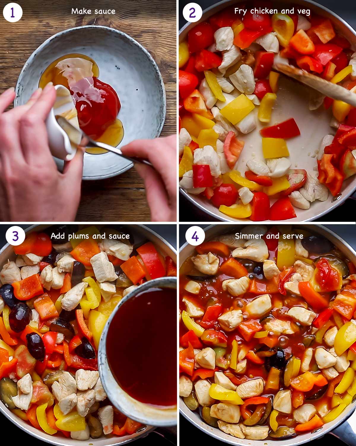 Four images showing how to make sweet and sour chicken steps 1 to 4.